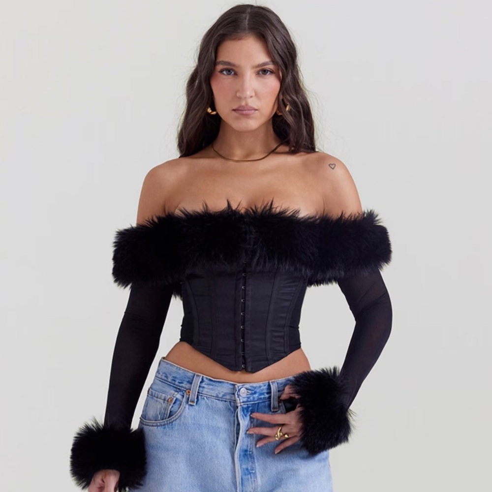 House of CB Merle Black Faux Fur Trim Corset